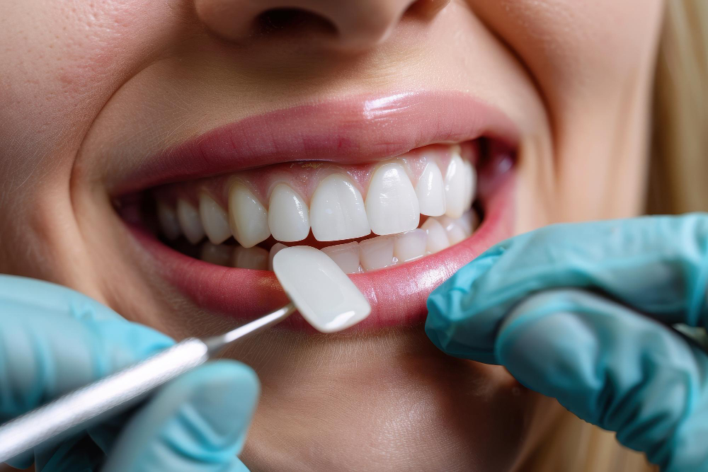 Close view of porcelain veneer shade matching for a natural smile in Chandigarh.