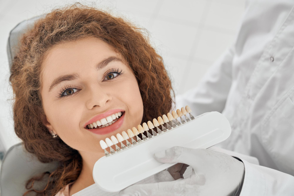 Patient receiving a smile design consultation with tooth shade matching in Chandigarh.